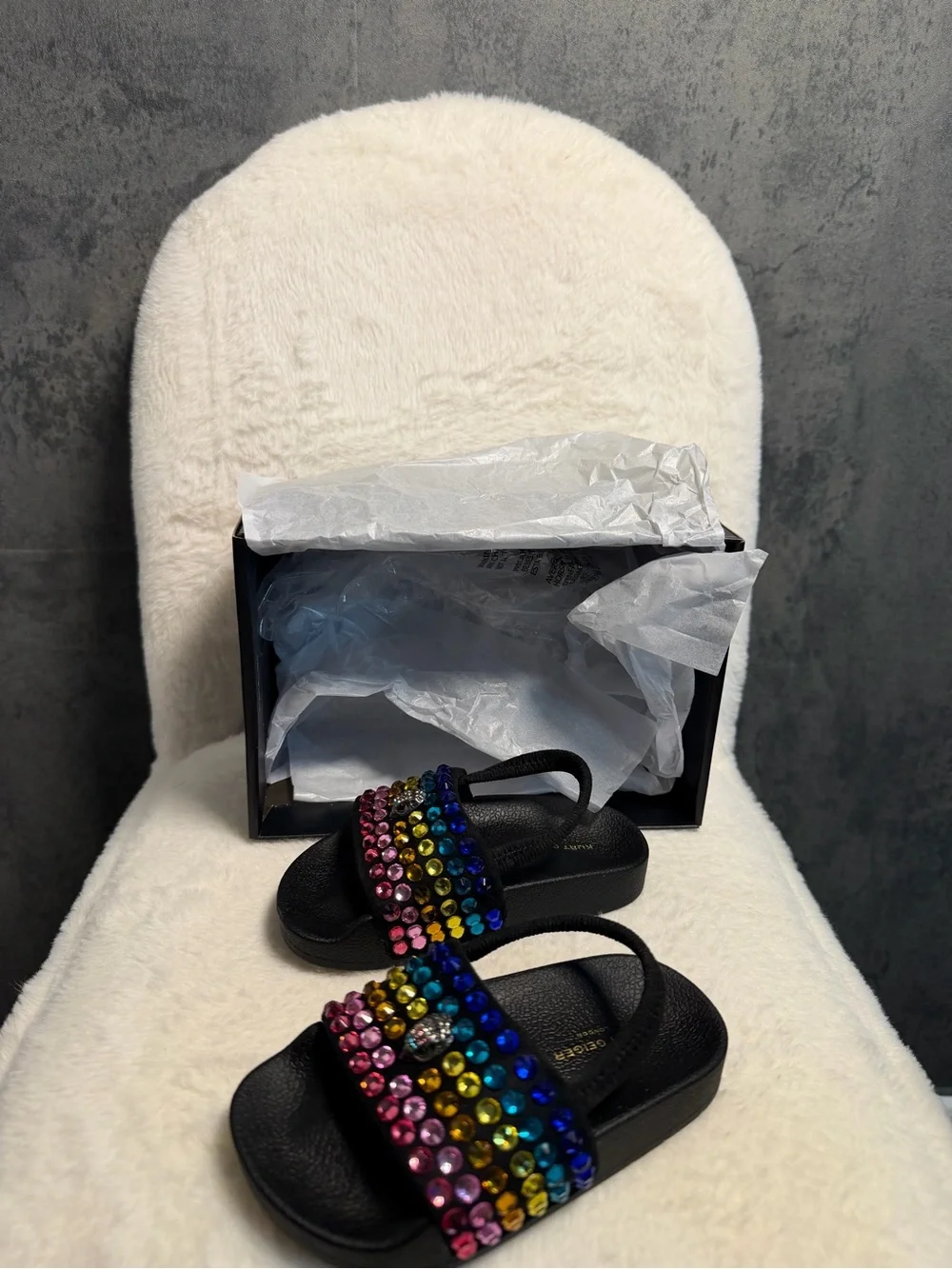 Black Slide Sandals with Multicolor Gem Accents - Women